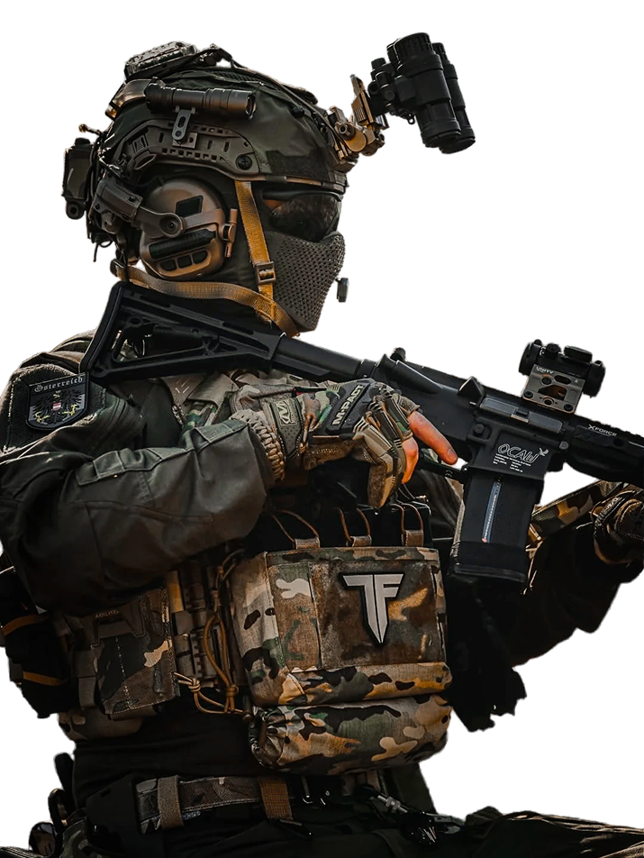 Joueur airsoft équipé sur le terrain Ravenwood
